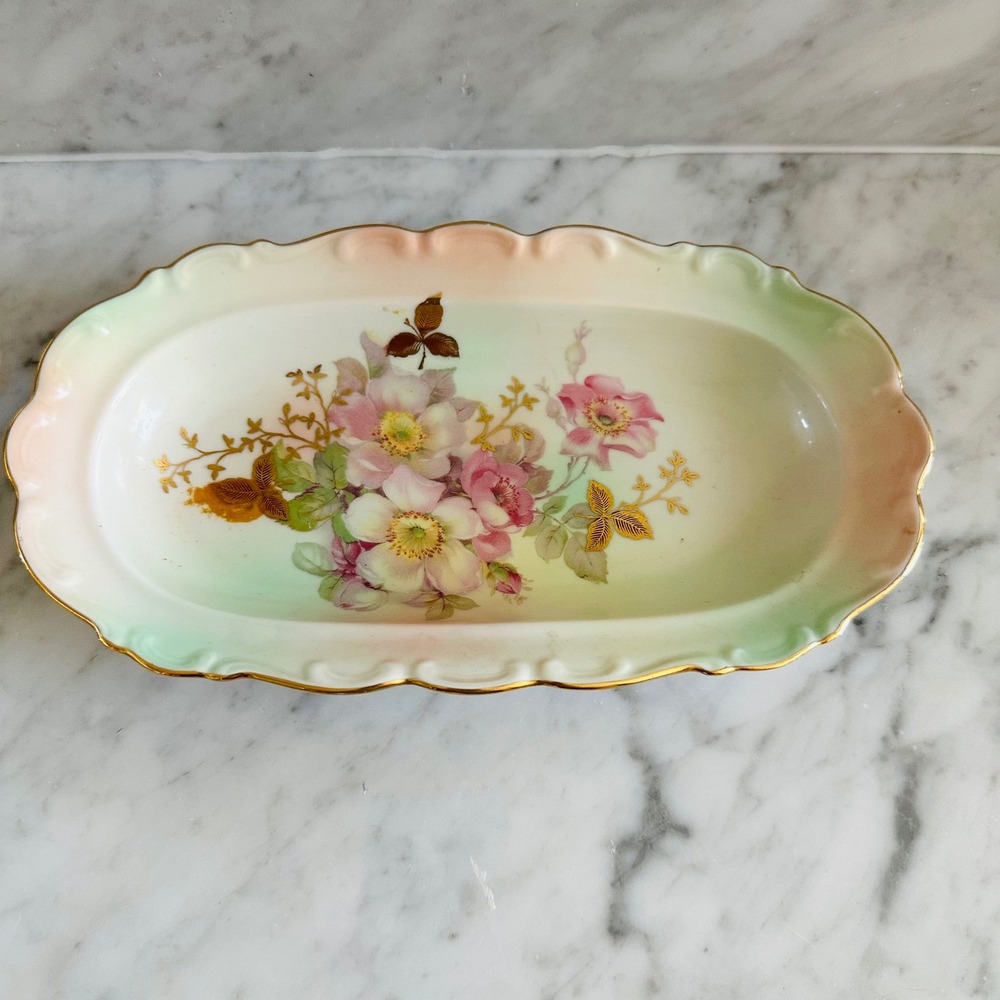 Vintage Schumann Arzberg Germany Floral Porcelain Trinket Dish Tray Gold Rim